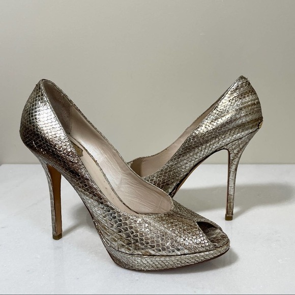 Dior Metallic Peep Toe Snake Skin Heels sz 38.5 - Picture 1 of 9